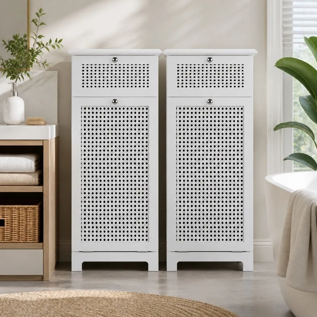 Bathroom Storage Cabinet White Rattan Laundry Hamper Drawer Organiser