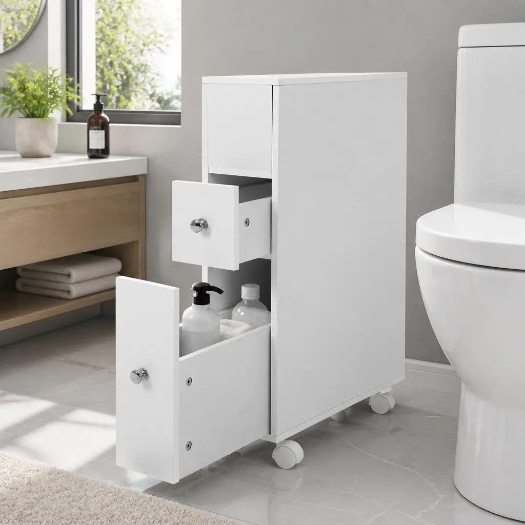 Bathroom Cabinet Storage Caddy MDF White 52.3cm x 15.2cm x 70cm with Drawers Basket Wheels