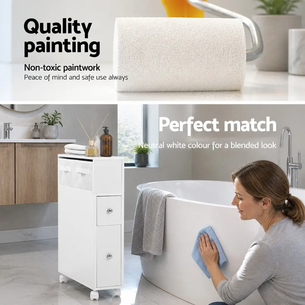 Bathroom Cabinet Storage Caddy MDF White 52.3cm x 15.2cm x 70cm with Drawers Basket Wheels