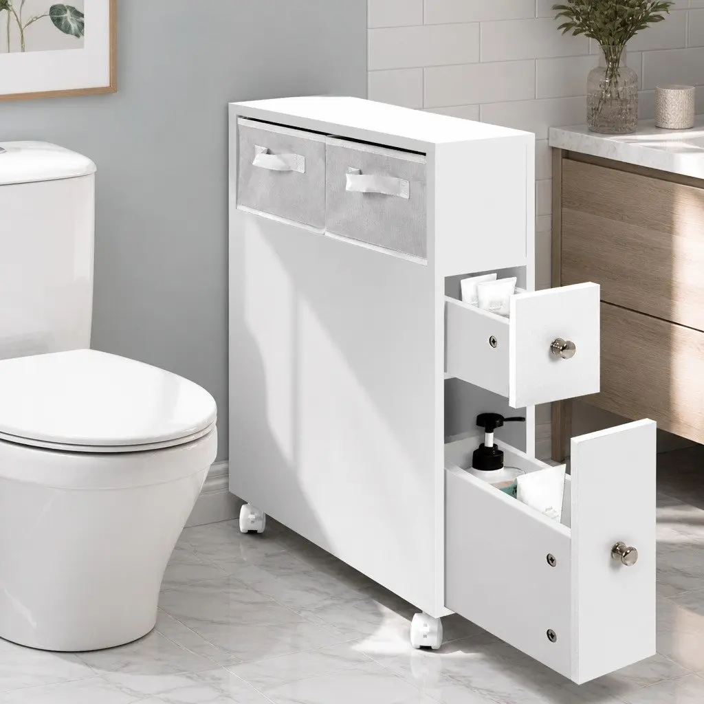 Bathroom Cabinet Storage Caddy MDF White 52.3cm x 15.2cm x 70cm with Drawers Basket Wheels