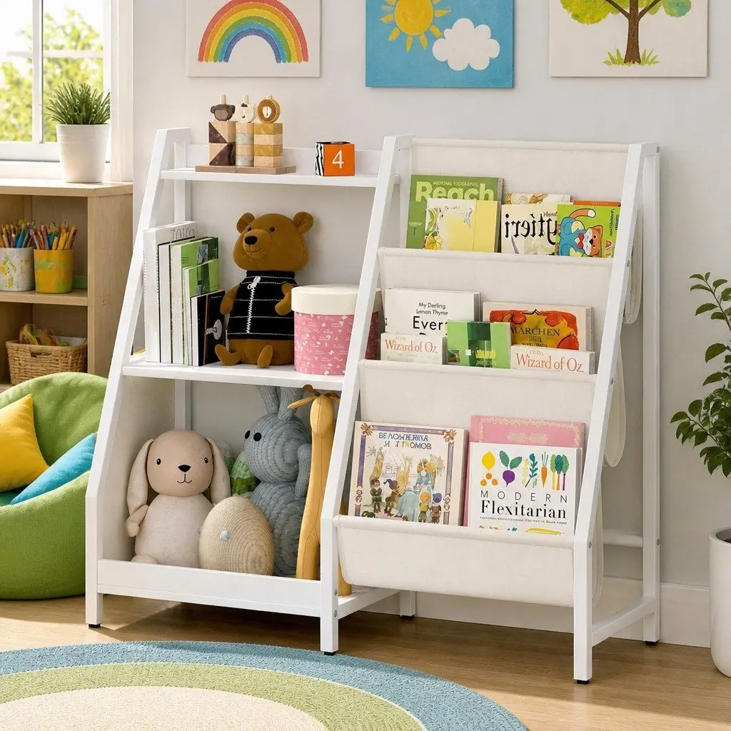 Kids Bookshelf 3-Tier Open Storage Sling-Style Fabric Pocket White