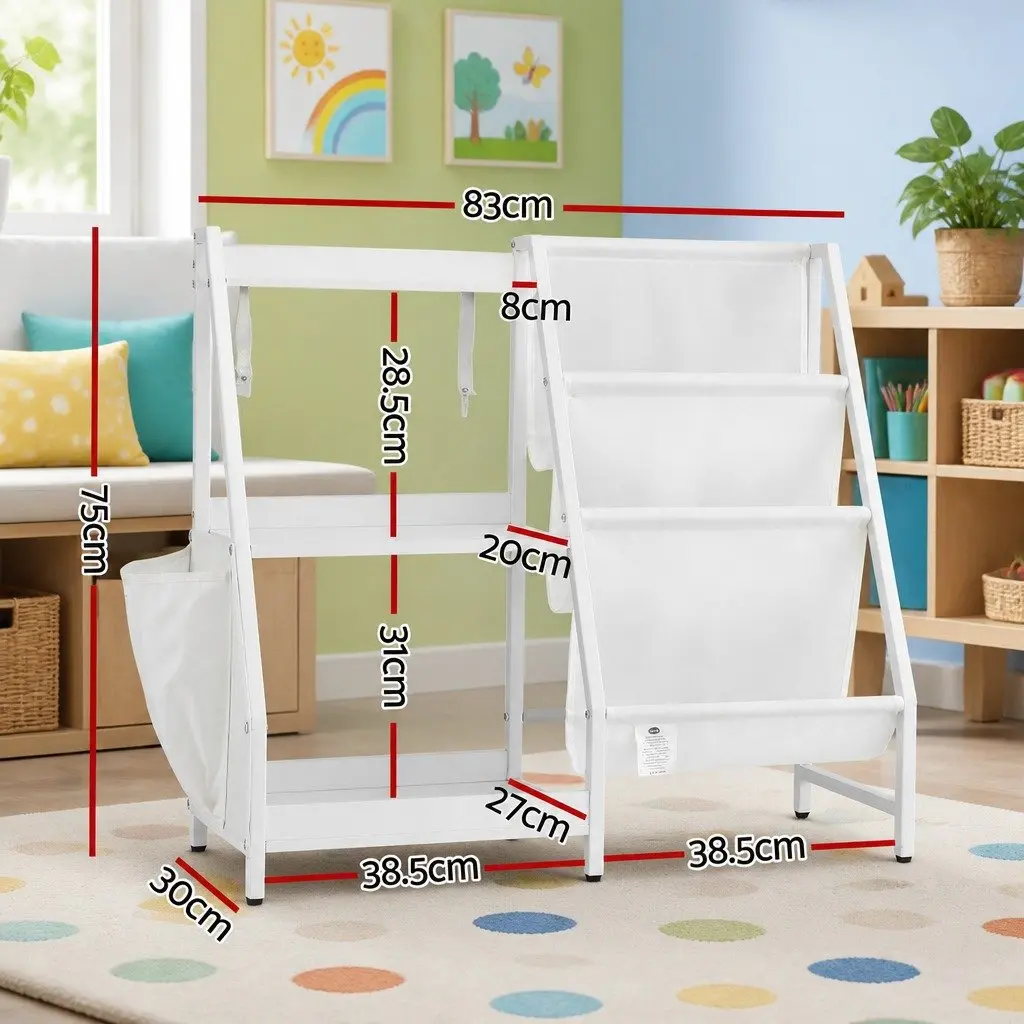Kids Bookshelf 3-Tier Open Storage Sling-Style Fabric Pocket White