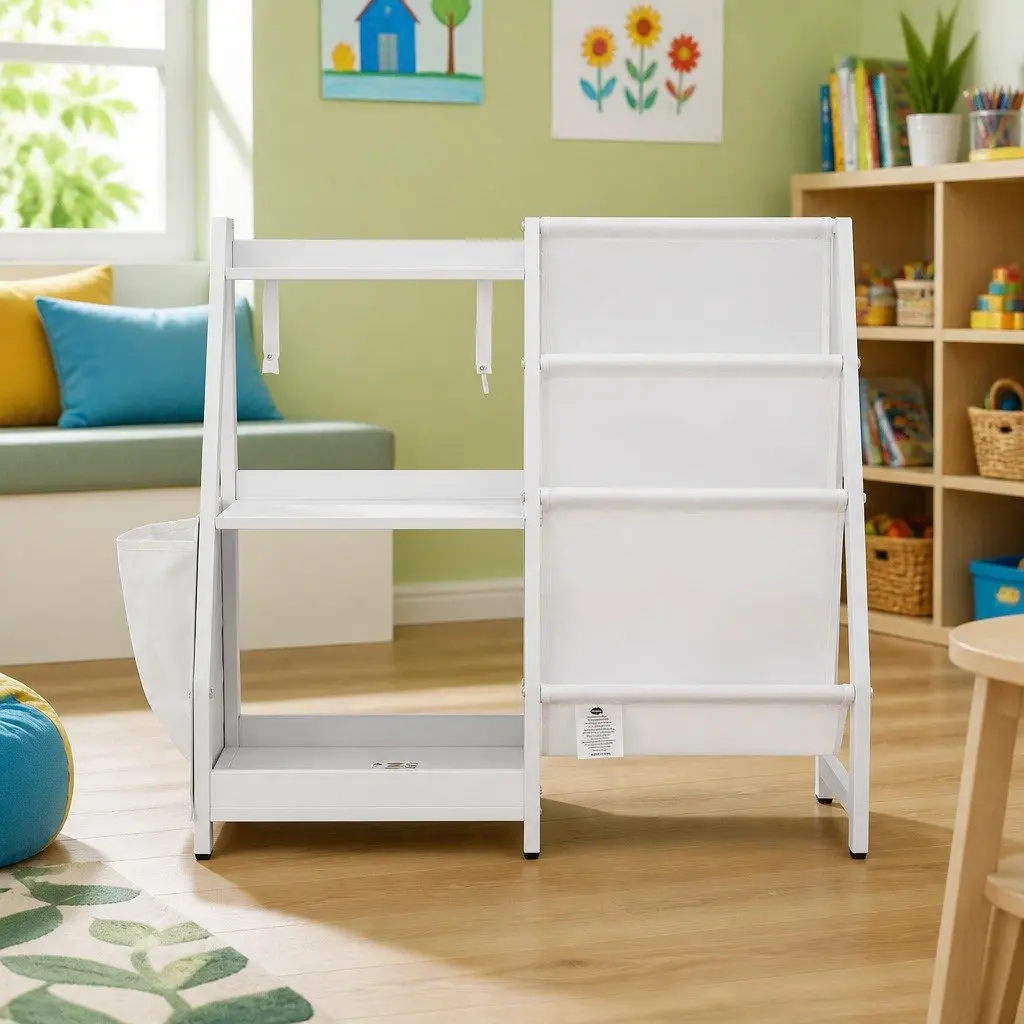 Kids Bookshelf 3-Tier Open Storage Sling-Style Fabric Pocket White