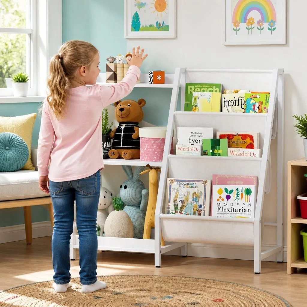 Kids Bookshelf 3-Tier Open Storage Sling-Style Fabric Pocket White