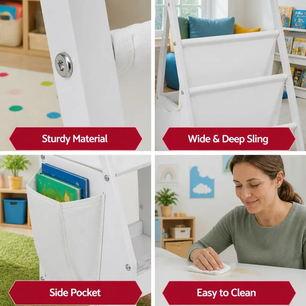 Kids Bookshelf 3-Tier Open Storage Sling-Style Fabric Pocket White