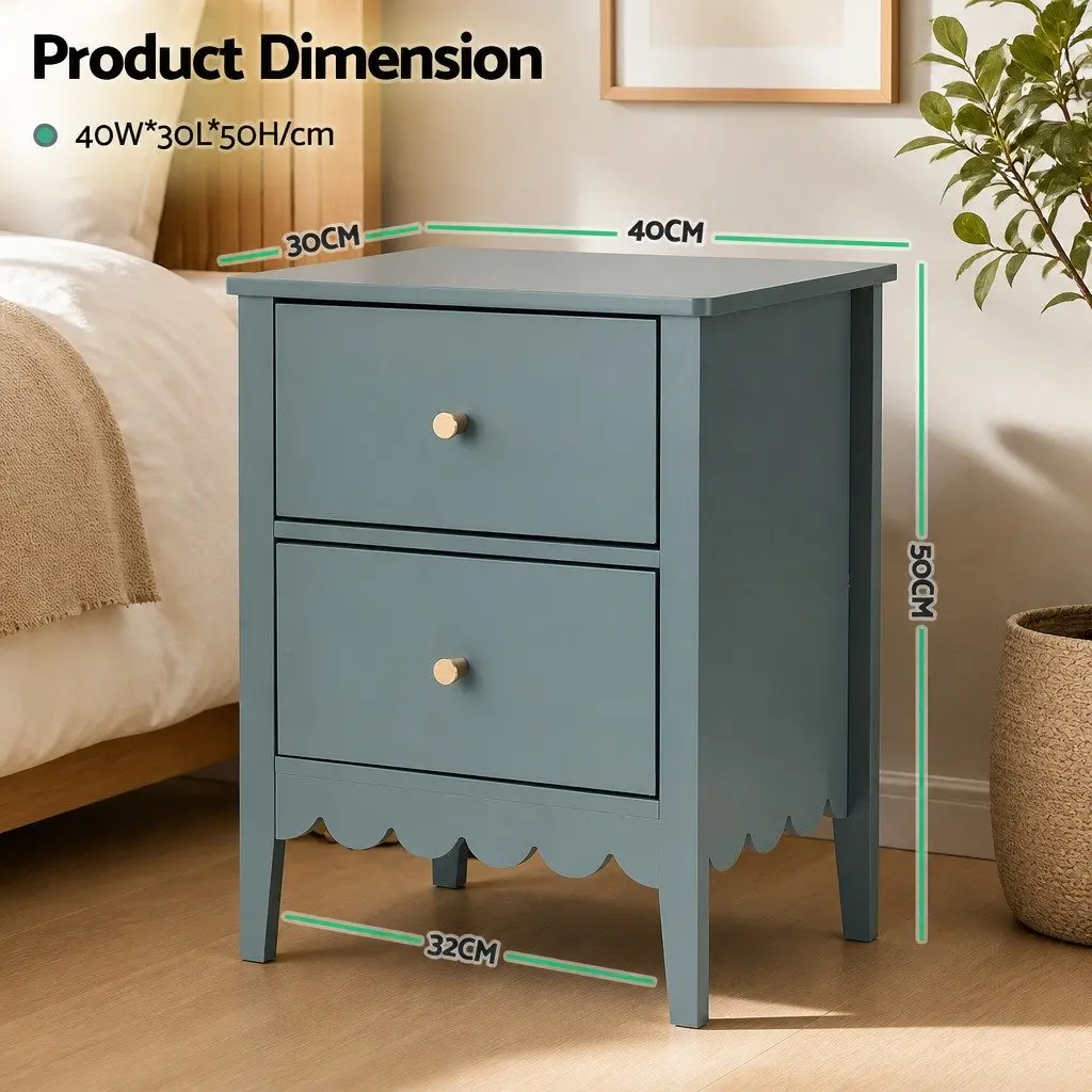 Bedside Table MDF 40cm W x 30cm D x 50cm H Green 2 Drawers Easy Assembly