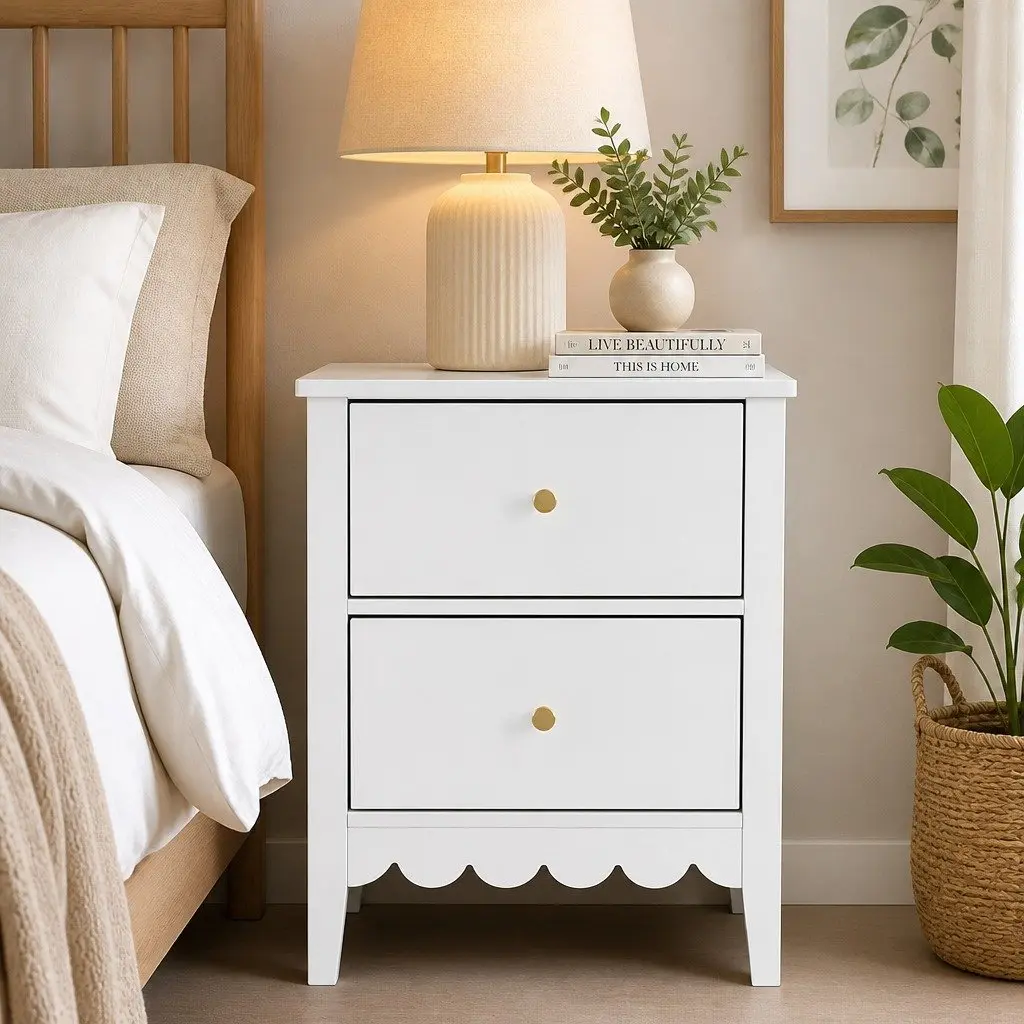 Bedside Table E1 MDF 40cm W x 30cm D x 50cm H White 2 Drawers Nightstand Storage Unit