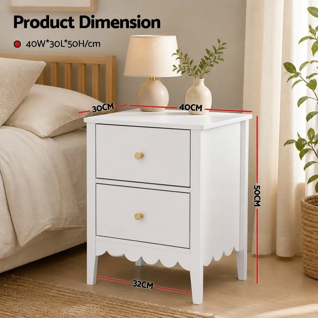 Bedside Table E1 MDF 40cm W x 30cm D x 50cm H White 2 Drawers Nightstand Storage Unit
