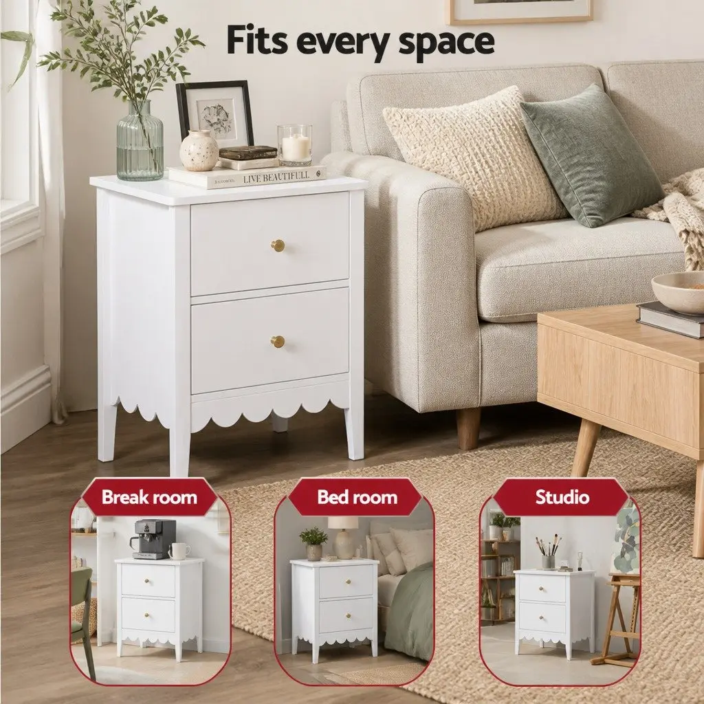 Bedside Table E1 MDF 40cm W x 30cm D x 50cm H White 2 Drawers Nightstand Storage Unit