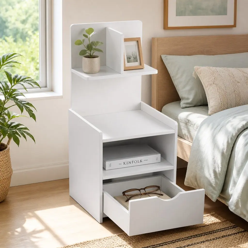 Bedside Table E1 Particle Board 36.5cm x 30cm x 75cm White 1 Drawer with Open Shelves Storage