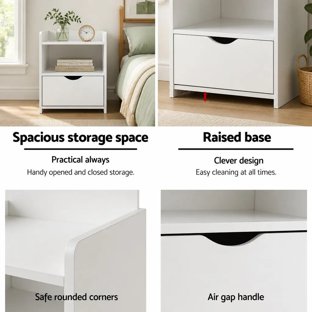 Bedside Table E1 Particle Board 36.5cm x 30cm x 75cm White 1 Drawer with Open Shelves Storage