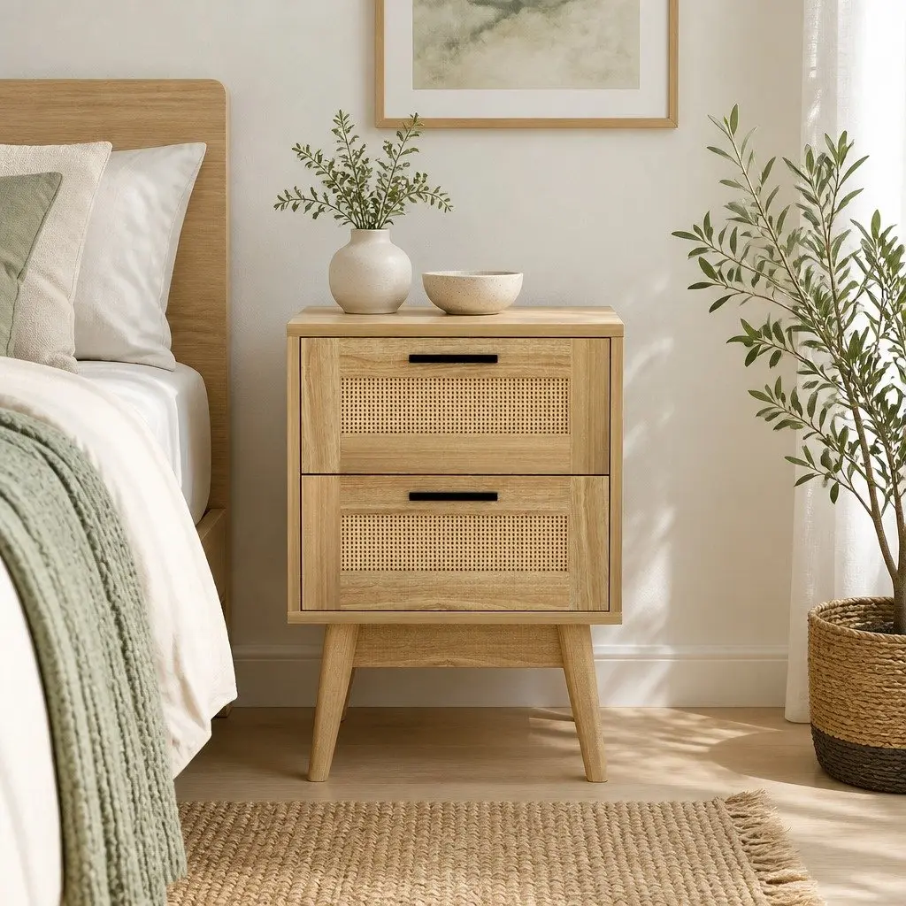 Rattan Bedside Table Particle Board 40cm x 30cm x 54cm Wood 2 Drawers Open Shelf Storage