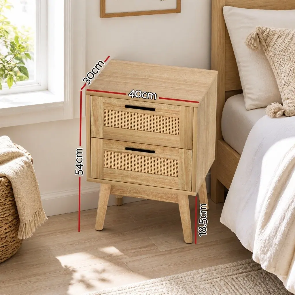 Rattan Bedside Table Particle Board 40cm x 30cm x 54cm Wood 2 Drawers Open Shelf Storage