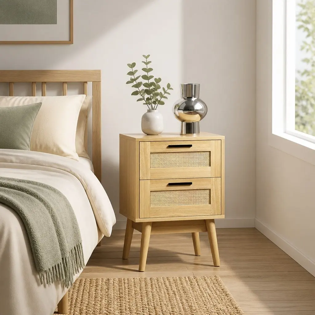 Rattan Bedside Table Particle Board 40cm x 30cm x 54cm Wood 2 Drawers Open Shelf Storage
