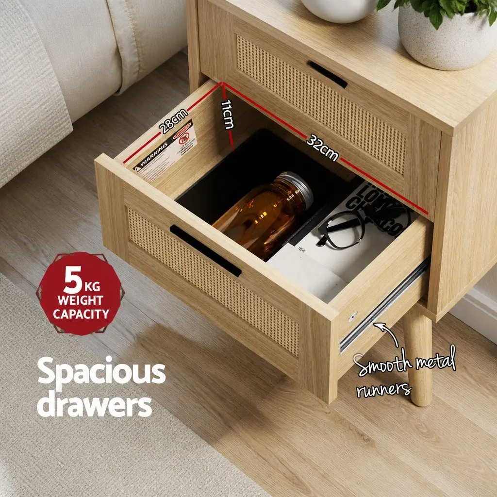 Rattan Bedside Table Particle Board 40cm x 30cm x 54cm Wood 2 Drawers Open Shelf Storage