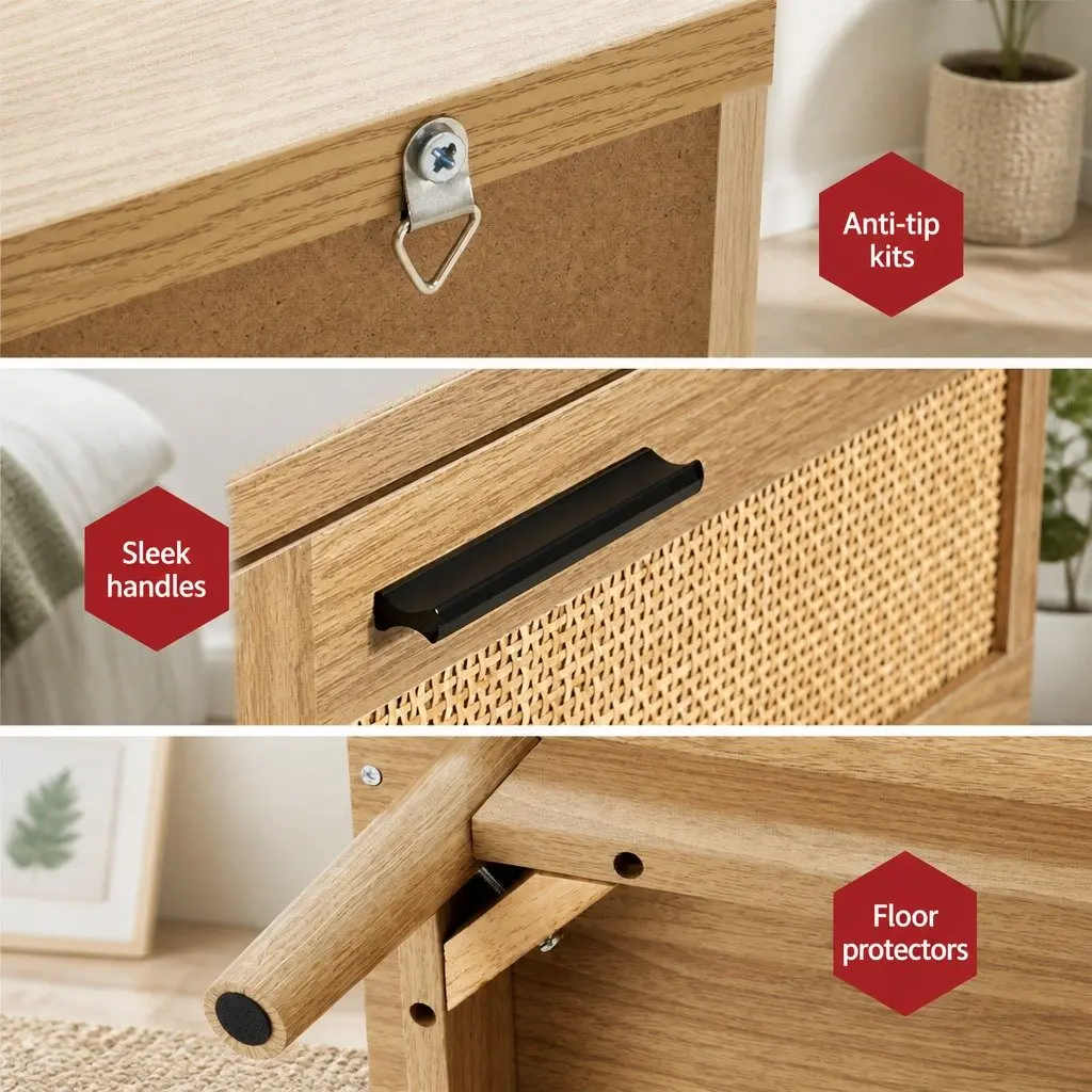 Rattan Bedside Table Particle Board 40cm x 30cm x 54cm Wood 2 Drawers Open Shelf Storage