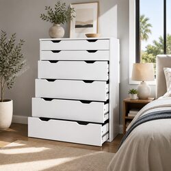 6 Drawer Chest Tallboy Storage Cabinet White Bedroom Furniture with Wall Bracket