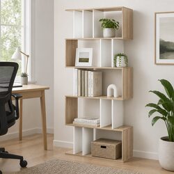 5 Tier Display Bookshelf White and Wood Brown Storage Shelving Unit Home Office