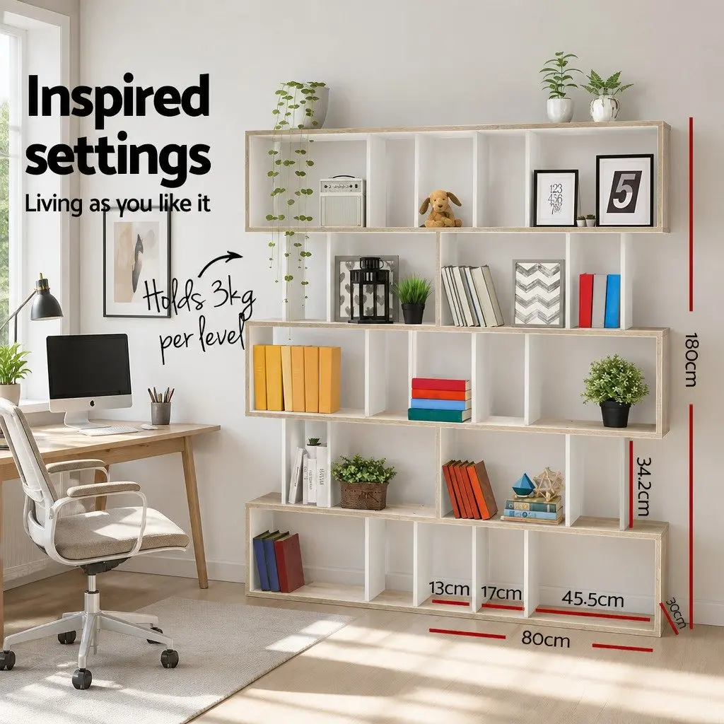 5 Tier Display Bookshelf High Density Particle Board 80 x 30 x 180cm White and Wood Brown