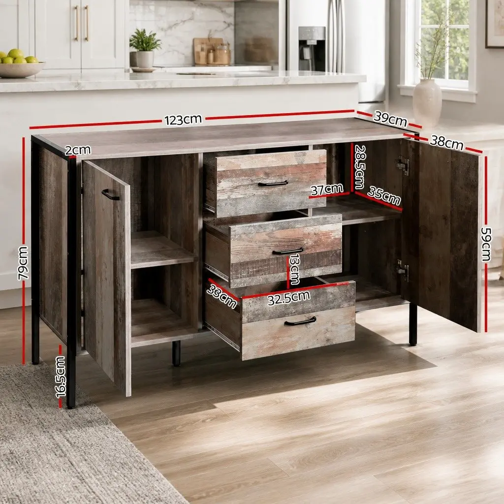 Buffet Cabinet Wooden Storage Dark Grey Three Drawers Two Compartments 123cm