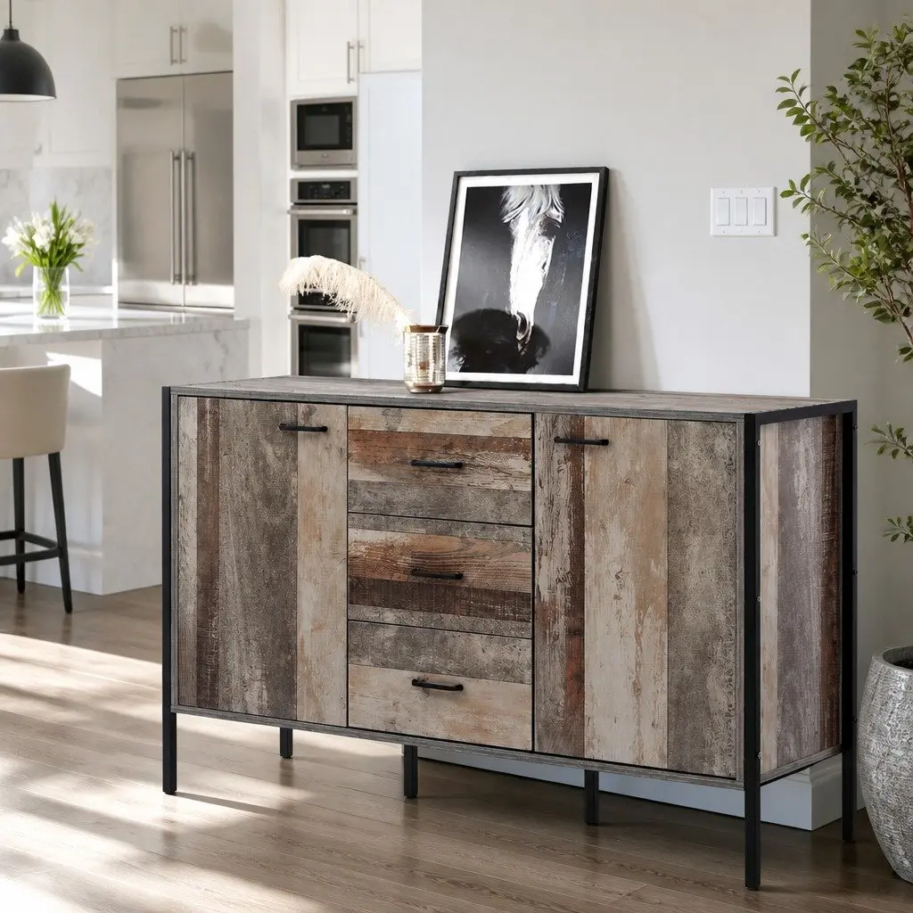 Buffet Cabinet Wooden Storage Dark Grey Three Drawers Two Compartments 123cm