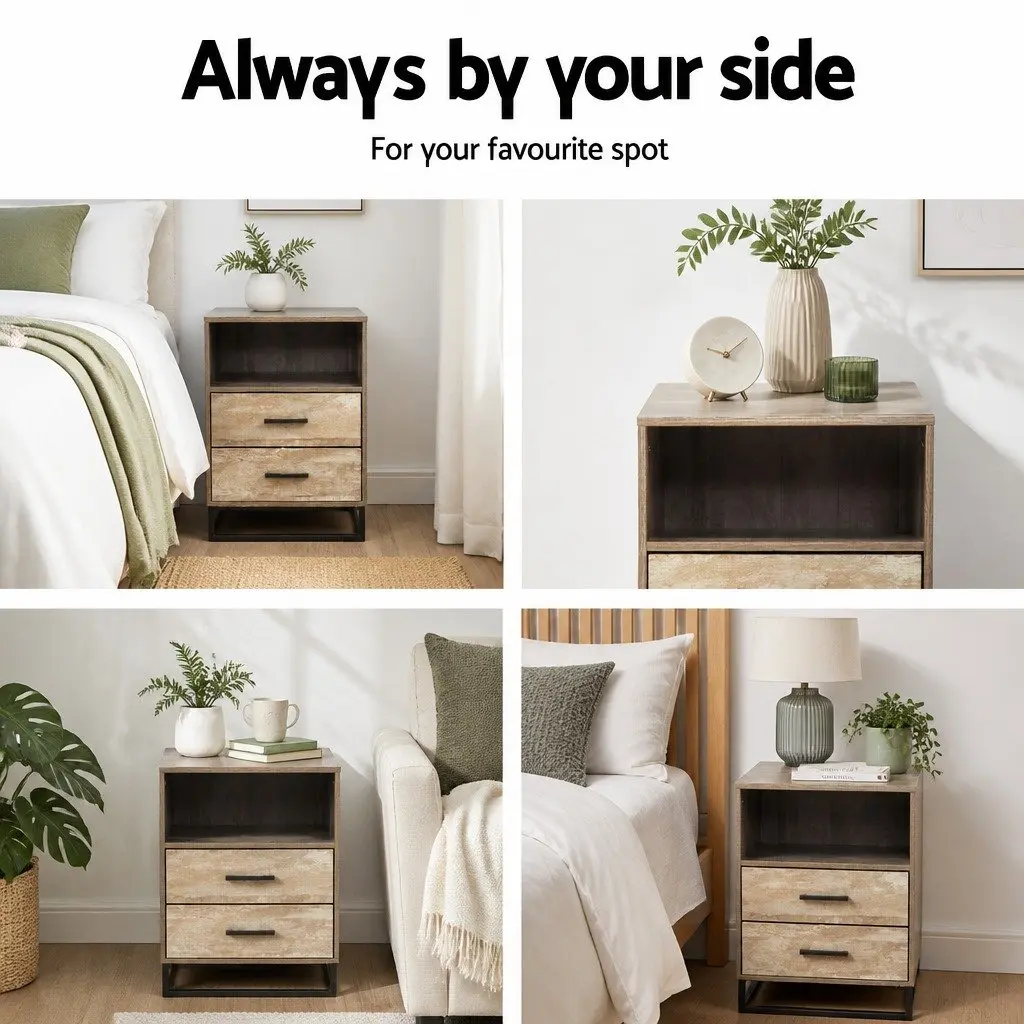 Bedside Table 2 Drawers with Shelf Industrial Design Bedroom Storage Nightstand
