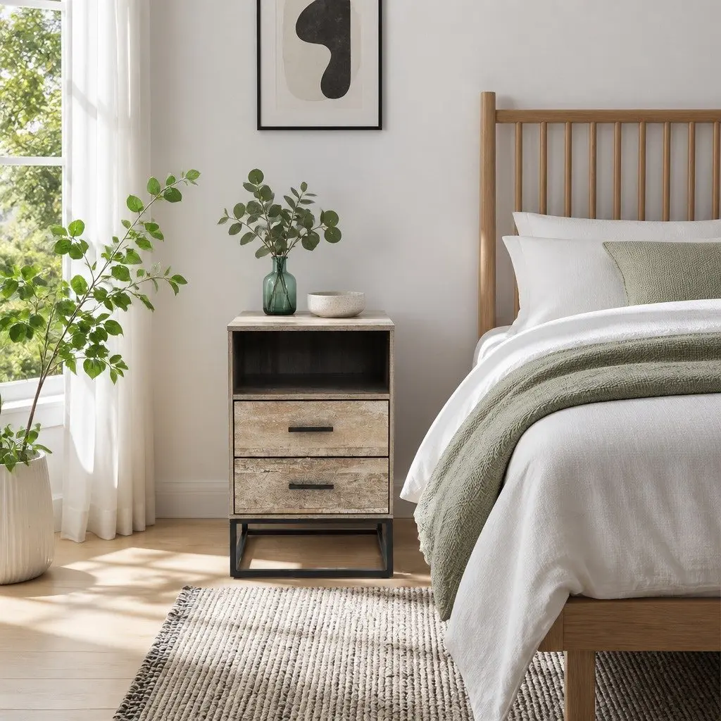 Bedside Table 2 Drawers with Shelf Industrial Design Bedroom Storage Nightstand