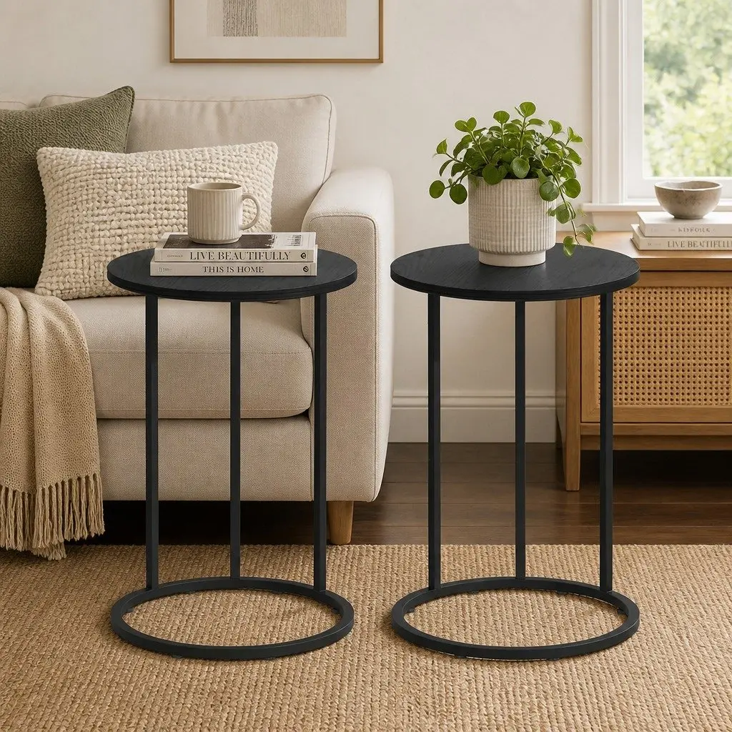 C Shaped End Table Set of 2 Black Wood Textured Top Metal Frame Modern Living Room