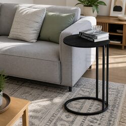 Round Coffee Table Side Table Black Industrial Style C-Shape Design Sturdy