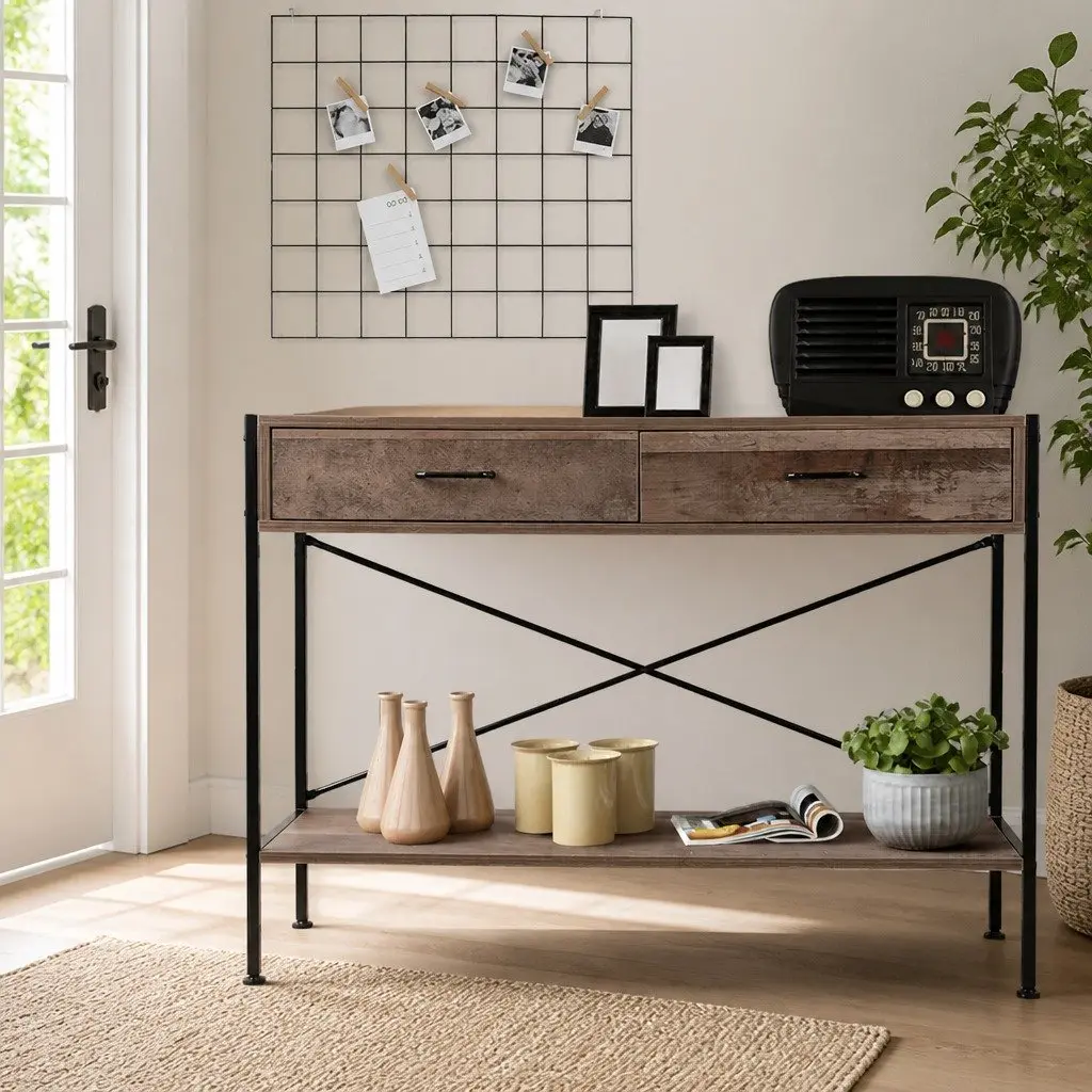 Console Table Particle Board 100 x 35 x 74.5 cm Rustic Colour 2 Drawers Storage Hallway Entry Display Shelf