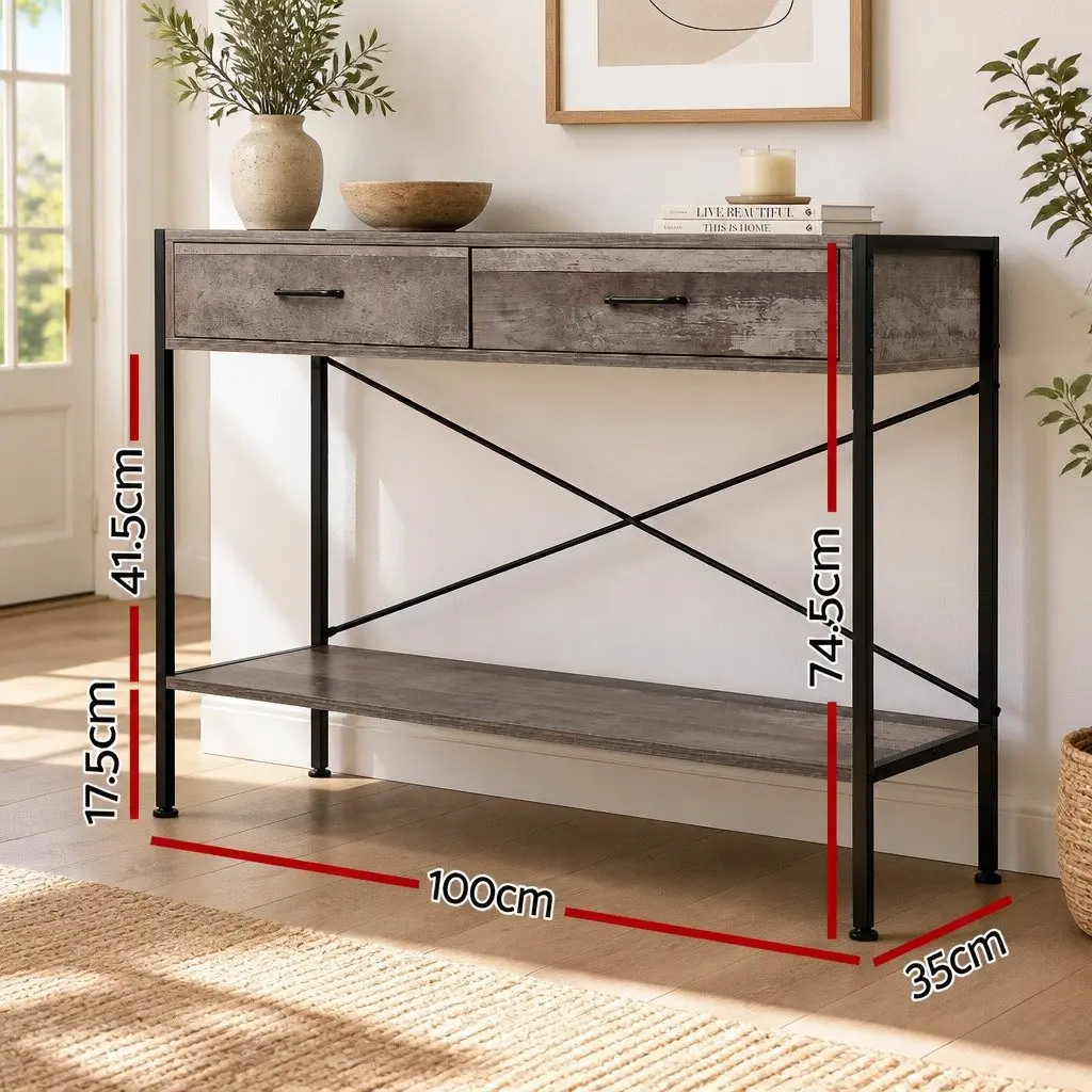 Console Table Particle Board 100 x 35 x 74.5 cm Rustic Colour 2 Drawers Storage Hallway Entry Display Shelf