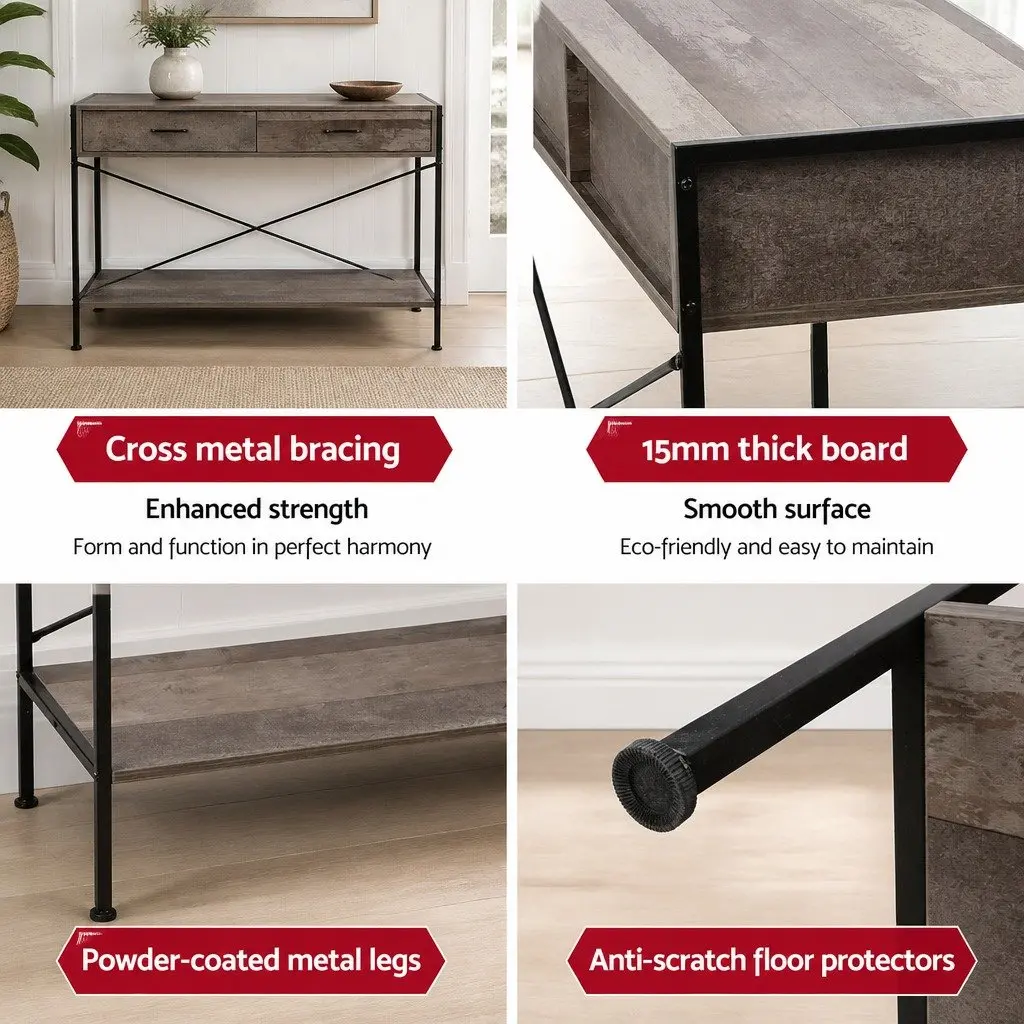 Console Table Particle Board 100 x 35 x 74.5 cm Rustic Colour 2 Drawers Storage Hallway Entry Display Shelf