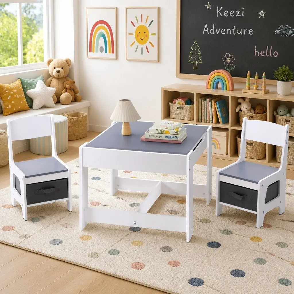Kids Table and Chairs Set MDF Grey Reversible Chalkboard Activity Desk with Storage