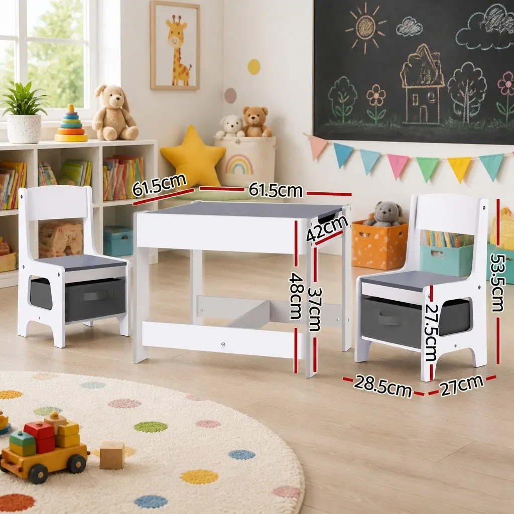 Kids Table and Chairs Set MDF Grey Reversible Chalkboard Activity Desk with Storage