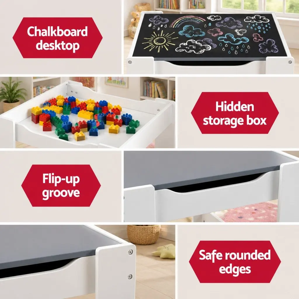 Kids Table and Chairs Set MDF Grey Reversible Chalkboard Activity Desk with Storage