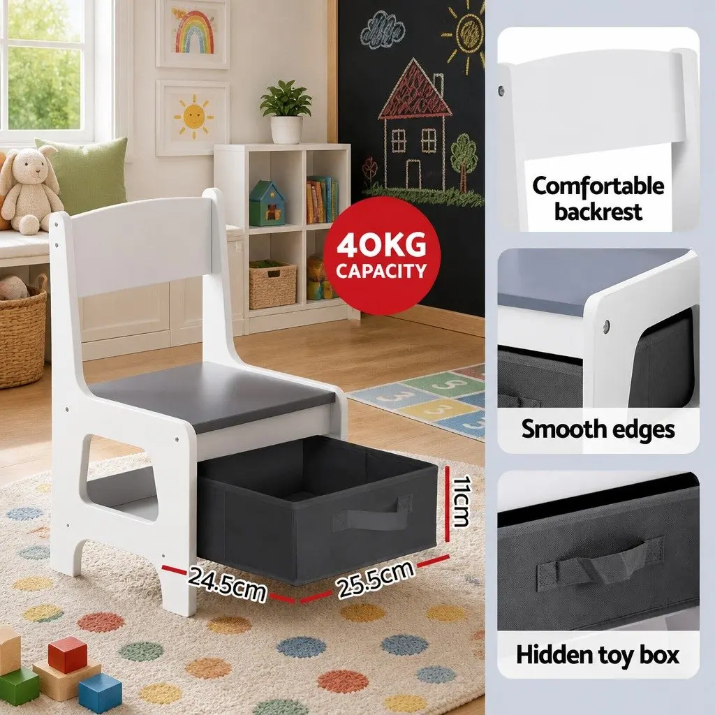 Kids Table and Chairs Set MDF Grey Reversible Chalkboard Activity Desk with Storage