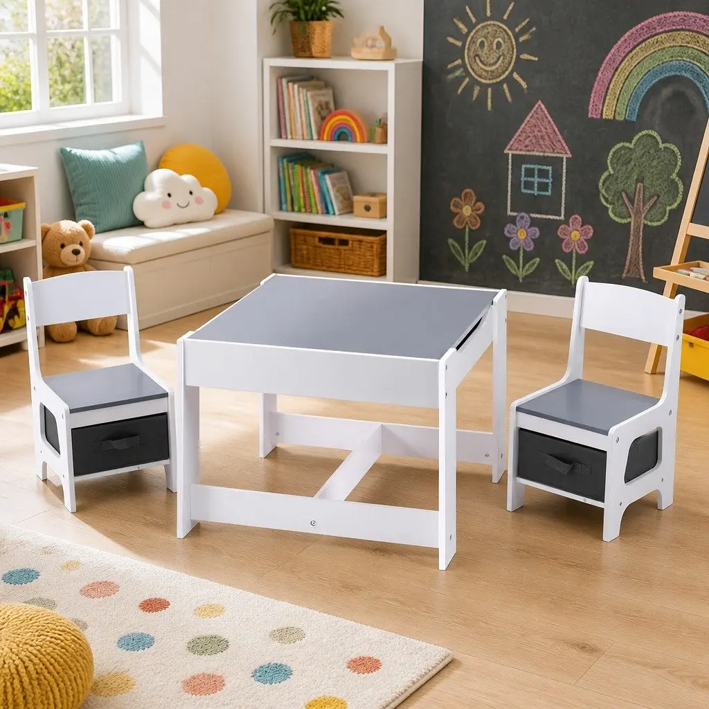 Kids Table and Chairs Set MDF Grey Reversible Chalkboard Activity Desk with Storage