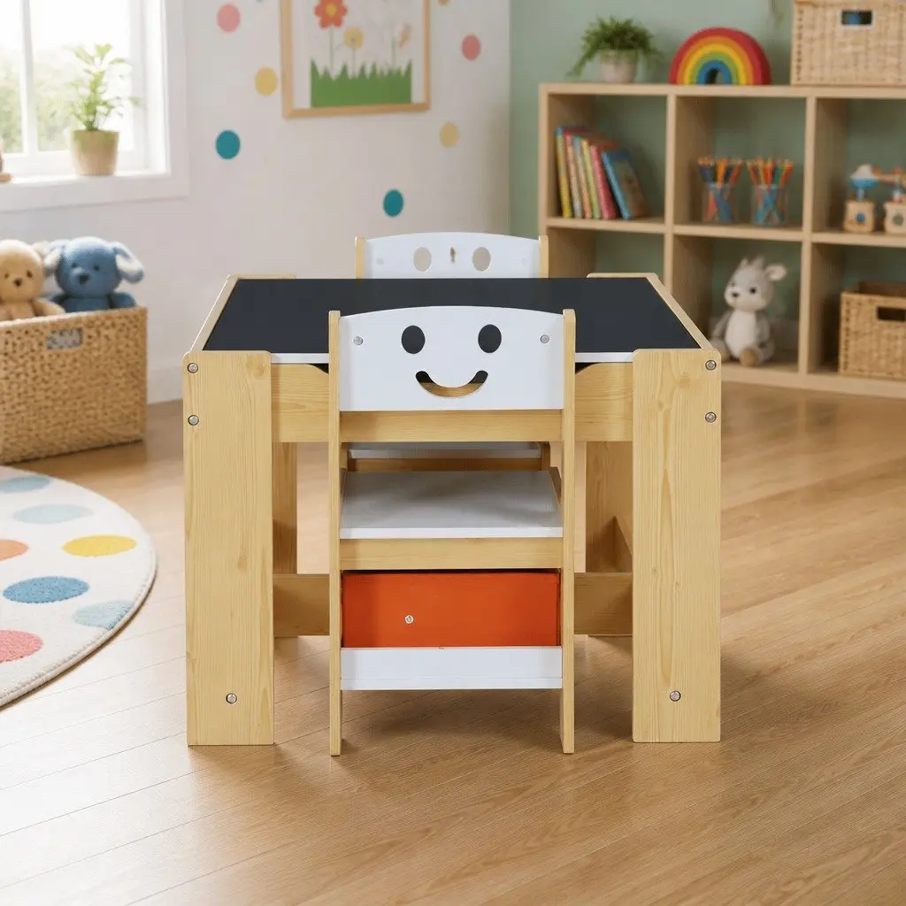 Kids Table and Chairs Set MDF Board Reversible Desktop White and Natural Colour