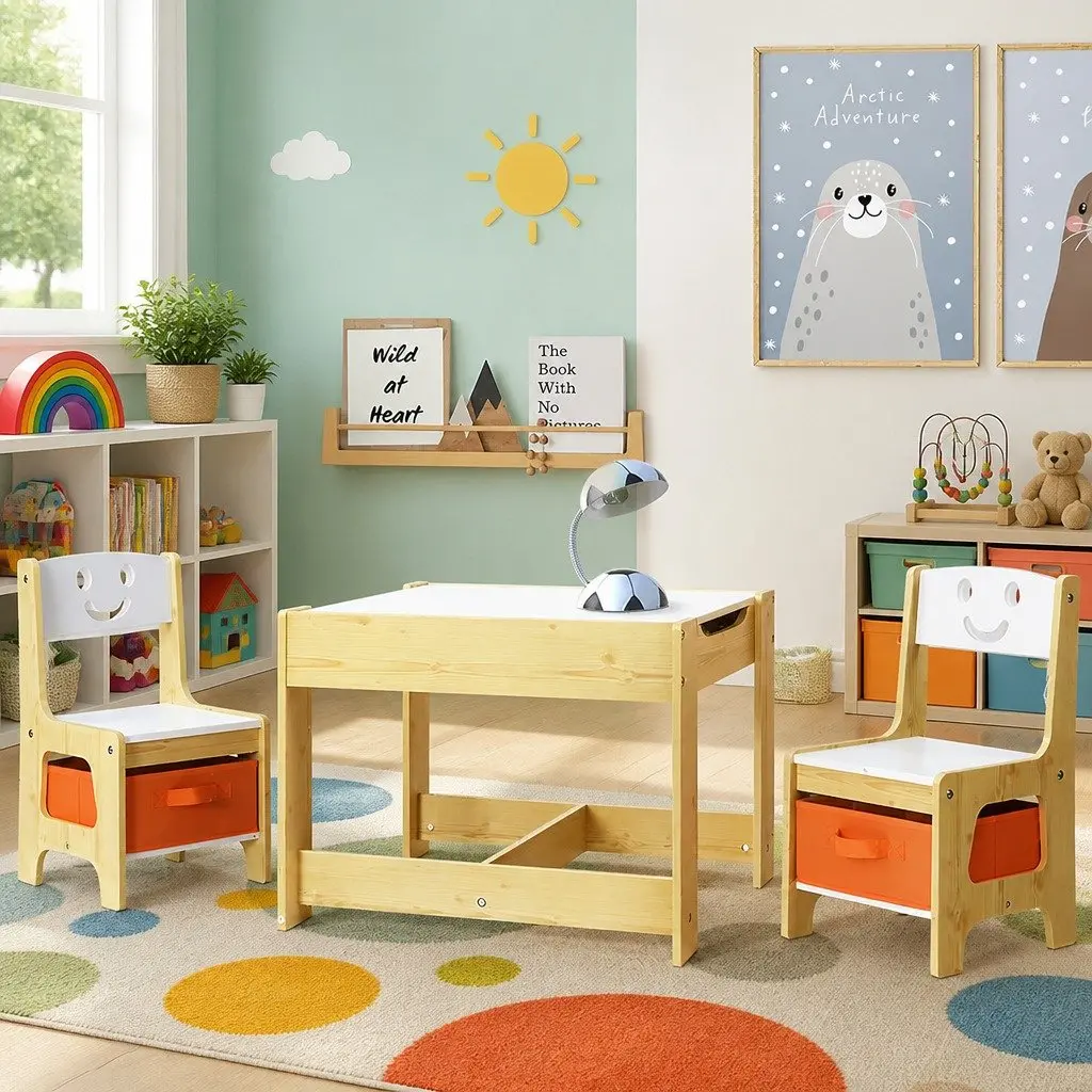 Kids Table and Chairs Set MDF Board Reversible Desktop White and Natural Colour