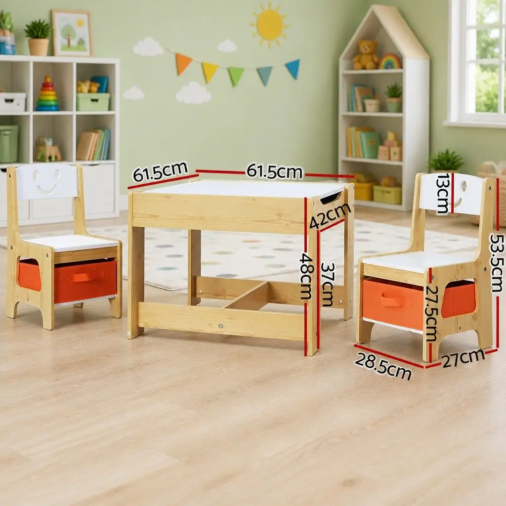 Kids Table and Chairs Set MDF Board Reversible Desktop White and Natural Colour