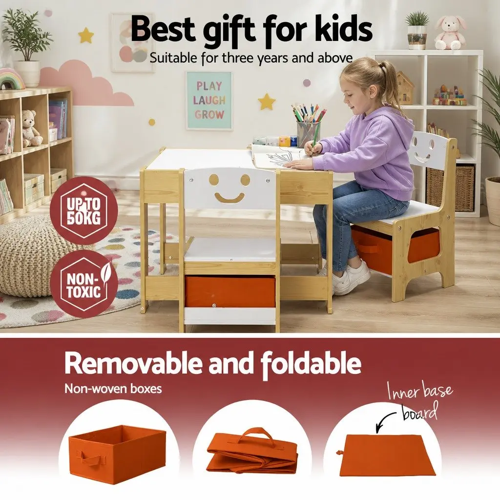 Kids Table and Chairs Set MDF Board Reversible Desktop White and Natural Colour