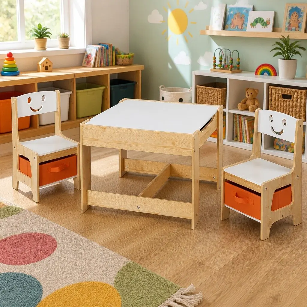 Kids Table and Chairs Set MDF Board Reversible Desktop White and Natural Colour