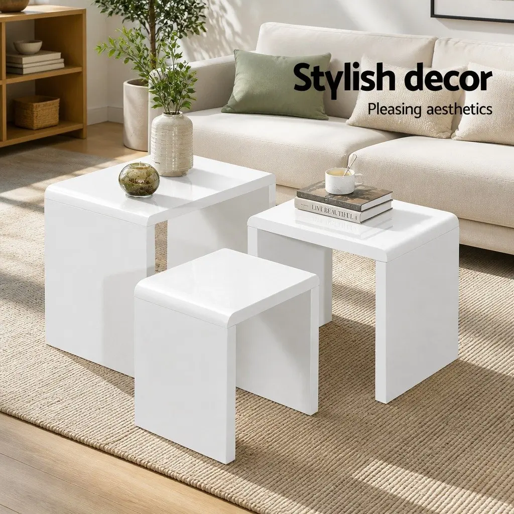 Nesting Coffee Table Set of 3 Glossy White Living Room Furniture Contemporary