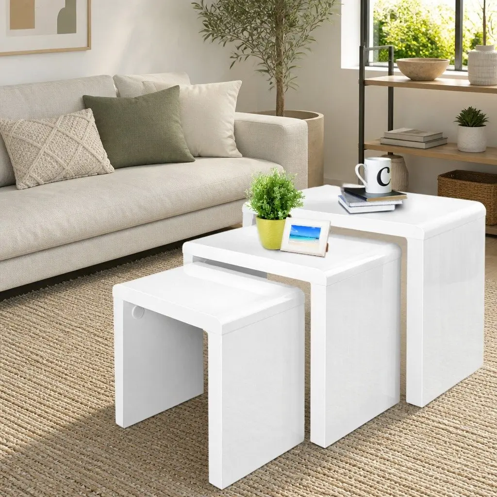 Nesting Coffee Table Set of 3 Glossy White Living Room Furniture Contemporary