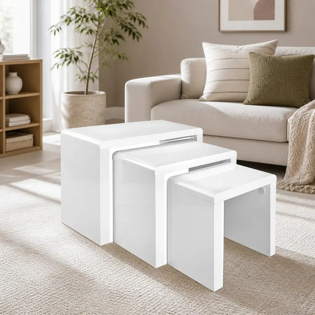 Nesting Coffee Table Set of 3 Glossy White Living Room Furniture Contemporary