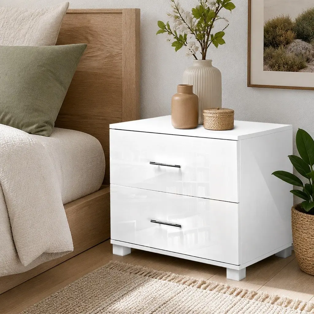 Bedside Table MDF Particle Board 59cm x 40cm x 51cm White High Gloss Modern Storage Cabinet