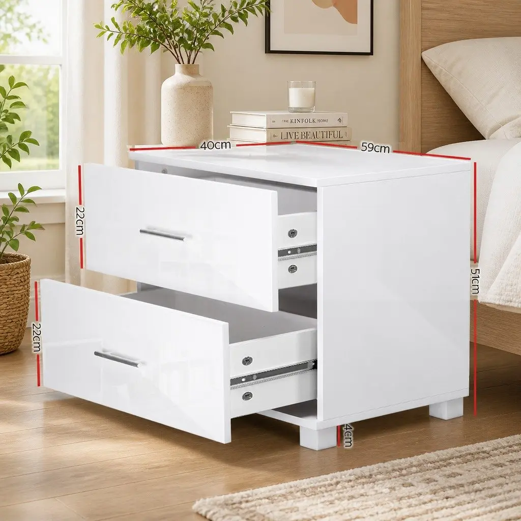 Bedside Table MDF Particle Board 59cm x 40cm x 51cm White High Gloss Modern Storage Cabinet