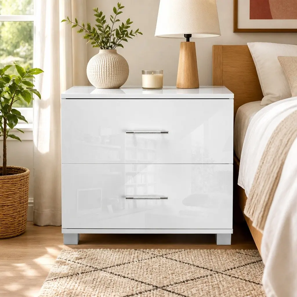 Bedside Table MDF Particle Board 59cm x 40cm x 51cm White High Gloss Modern Storage Cabinet