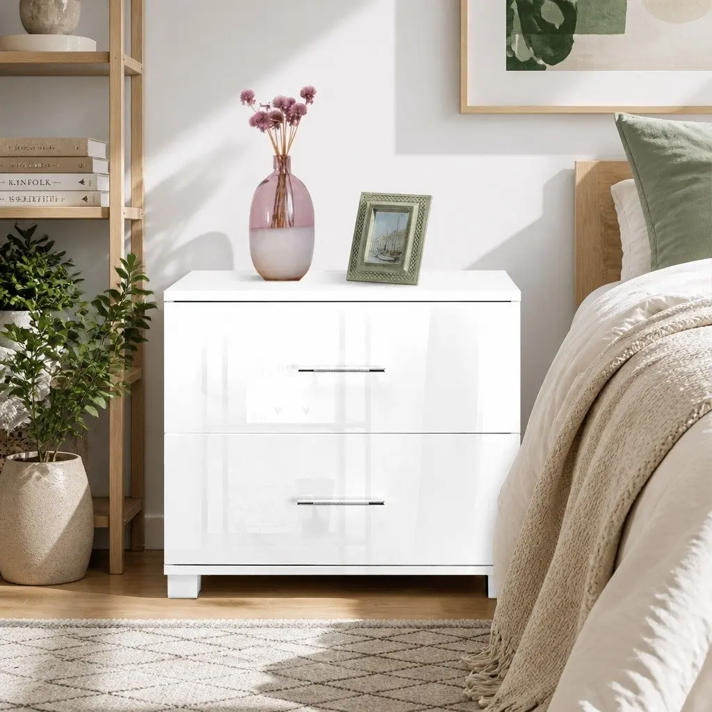 Bedside Table MDF Particle Board 59cm x 40cm x 51cm White High Gloss Modern Storage Cabinet