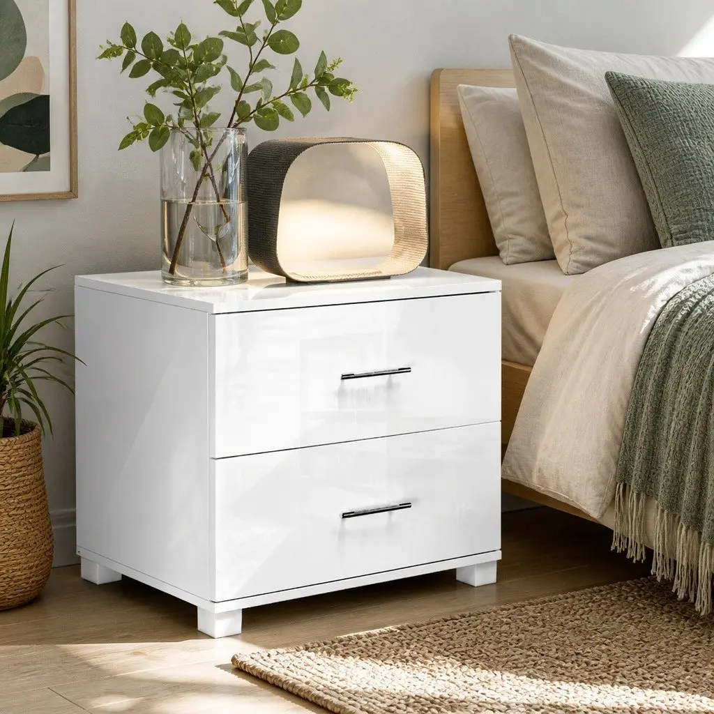 Bedside Table MDF Particle Board 59cm x 40cm x 51cm White High Gloss Modern Storage Cabinet